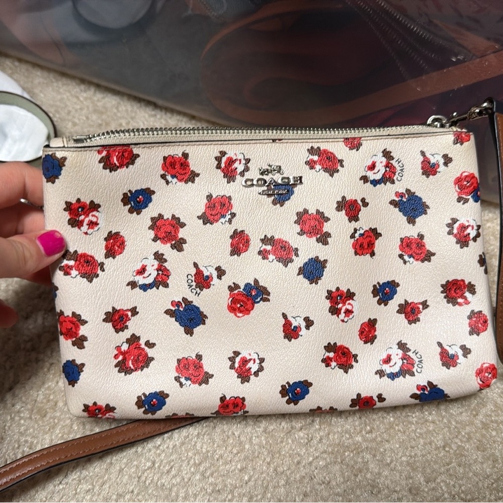 Coach Floral Wristlet - Cream, Red, and Blue